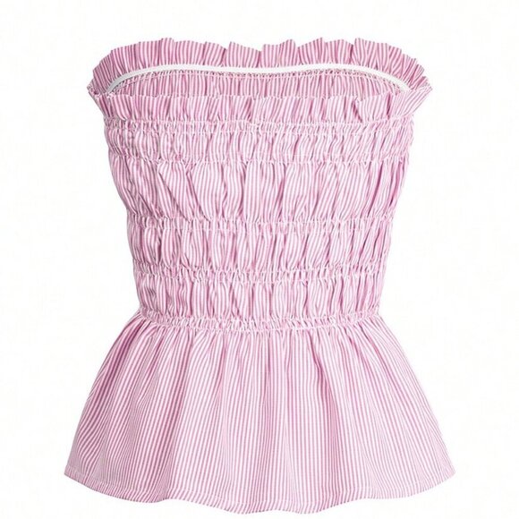 Pink Boho Womens Tropical Beach strapless Striped Bandeau Top And Shorts Set - Picture 11 of 11